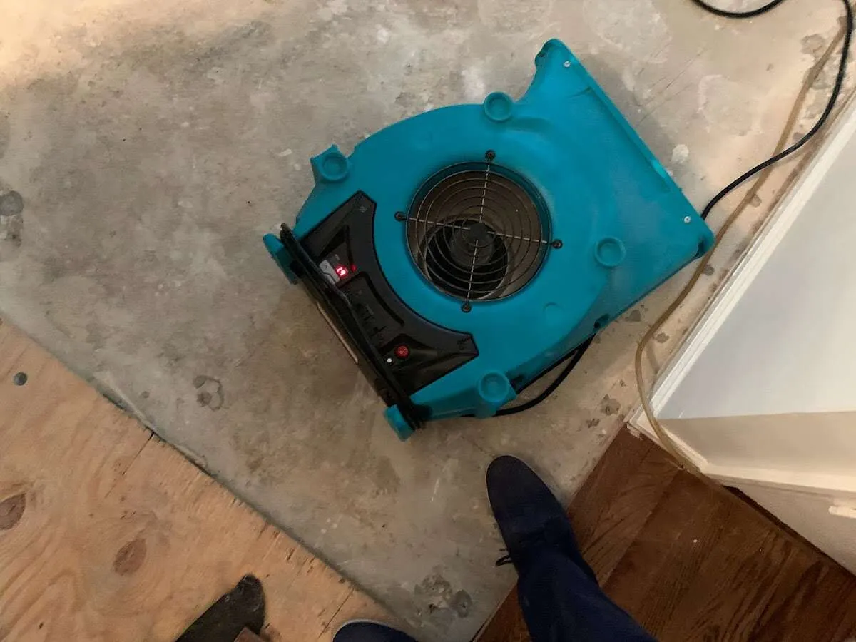 Air mover drying subfloor during Leak Detection & Repair in Cottage Grove
